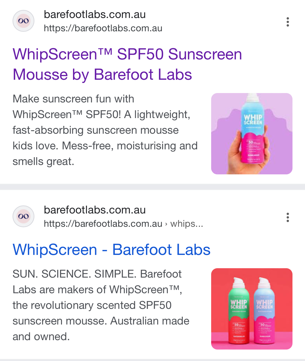 Screenshot of two consecutive WhipScreen sunscreen mousse Google ads